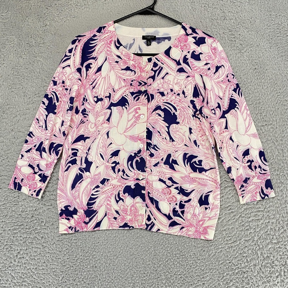 Talbots Cardigan Sweater Womens MP Pink Floral Knit Button Up Layer Lightweight